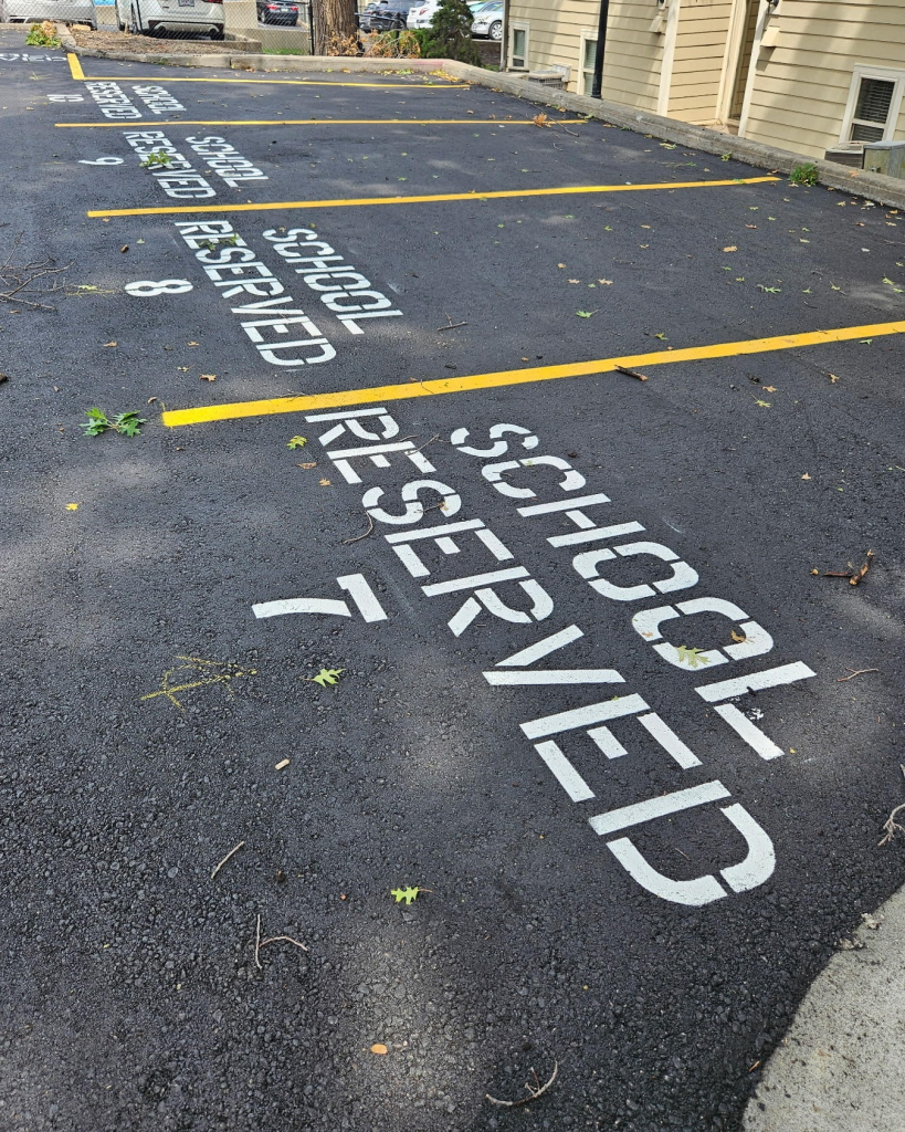 Parking lot renovated next to buildings