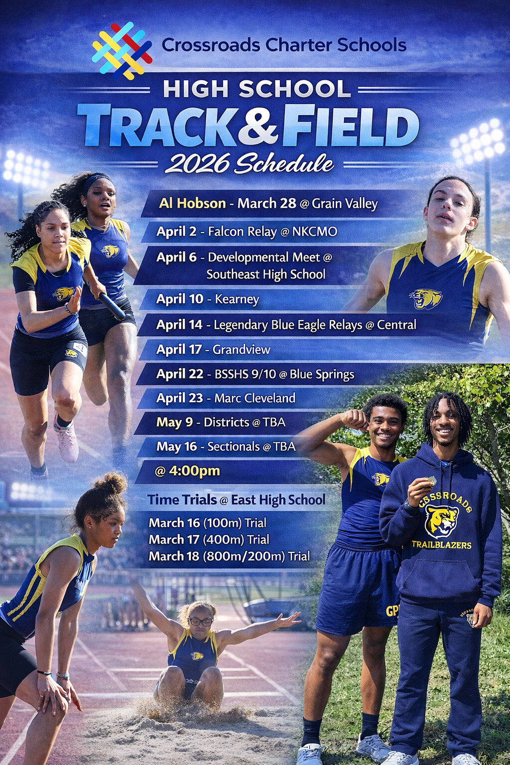 Poster for Crossroads high school track and field 2026 schedule with event dates and locations